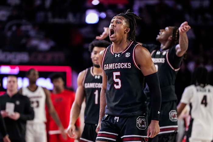 Meechie Johnson celebrating at the end of the Gamecocks matchup vs. Georgia (3rd Feb., 2024)